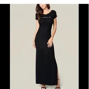 Bebe NWT Black Crystal Logo Short Sleeve Sheer Side Ribbed Maxi Dress Size 14/16